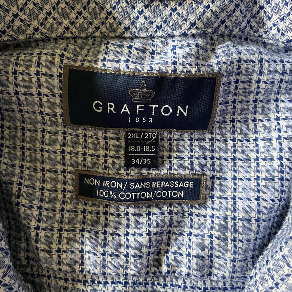 Grafton 1853 Blue Mens Dress Shirt 2XL 18-18.5 34/35 Non Iron 100% Cotton Modern